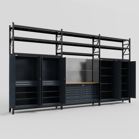 M222 Modular Work Bench with Shelves - H3100mm x W5640mm | MDF WBT | Dark Grey
