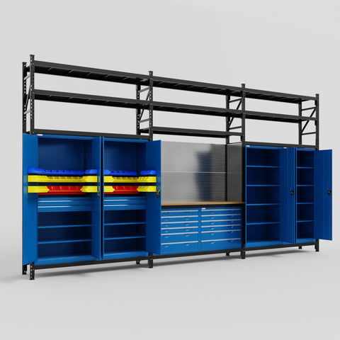 M222 Modular Work Bench with Shelves - H3100mm x W5640mm | MDF WBT | Blue