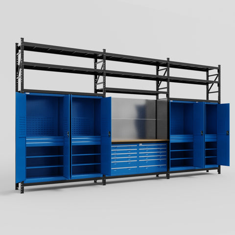 M222 Modular Work Bench with Shelves - H3100mm x W5640mm | MDF WBT | Blue