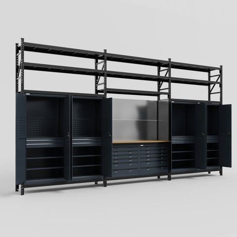 M222 Modular Work Bench with Shelves - H3100mm x W5640mm | MDF WBT | Dark Grey