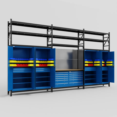 M222 Modular Work Bench with Shelves - H3100mm x W5640mm | MDF WBT | Blue