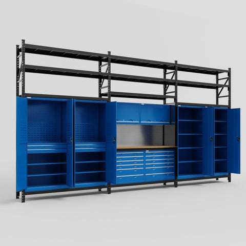 M222 Modular Work Bench with Shelves - H3100mm x W5640mm | MDF WBT | Blue