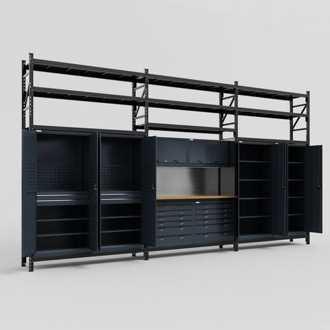 M222 Modular Work Bench with Shelves - H3100mm x W5640mm | MDF WBT | Dark Grey