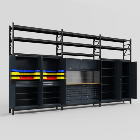 M222 Modular Work Bench with Shelves - H3100mm x W5640mm | MDF WBT | Dark Grey