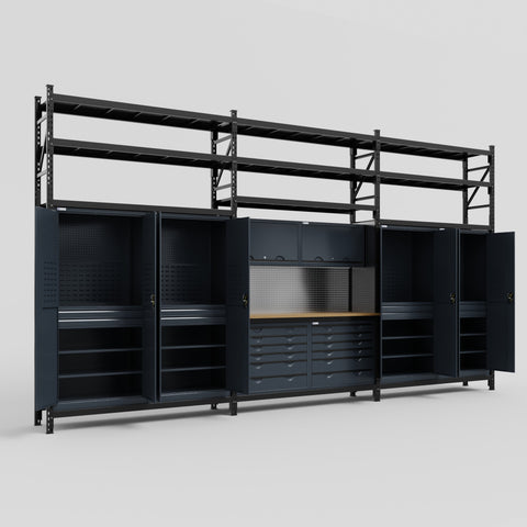M222 Modular Work Bench with Shelves - H3100mm x W5640mm | MDF WBT | Dark Grey