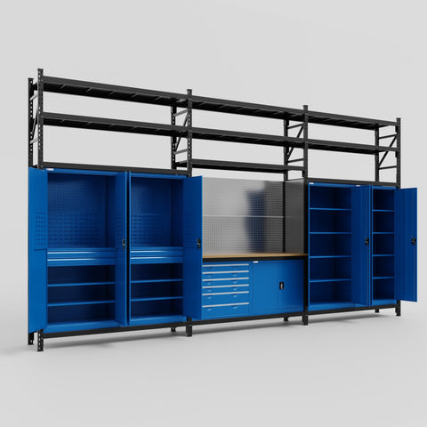 M222-3S Modular Work Bench with Shelves - H3100mm x W5640mm | MDF WBT | Blue