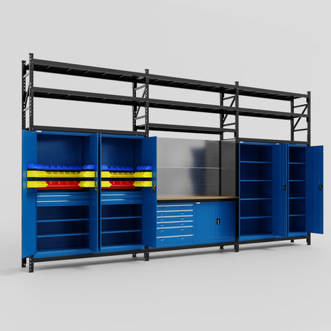 M222-3S Modular Work Bench with Shelves - H3100mm x W5640mm | MDF WBT | Blue
