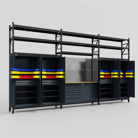 M222-3S Modular Work Bench with Shelves - H3100mm x W5640mm | MDF WBT | Dark Grey