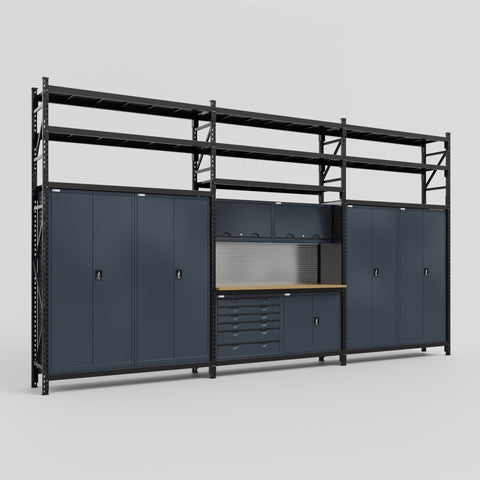 M222-3S Modular Work Bench with Shelves - H3100mm x W5640mm | MDF WBT | Dark Grey
