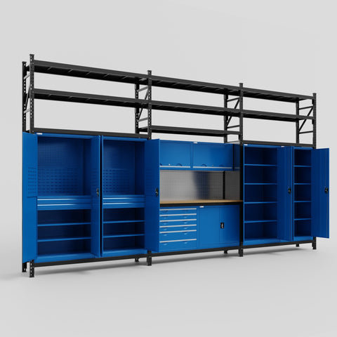 M222-3S Modular Work Bench with Shelves - H3100mm x W5640mm | MDF WBT | Blue