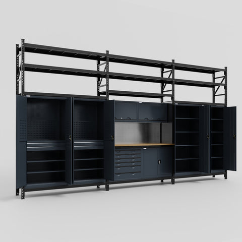 M222-3S Modular Work Bench with Shelves - H3100mm x W5640mm | MDF WBT | Dark Grey