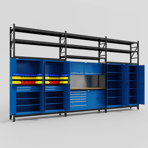 M222-3S Modular Work Bench with Shelves - H3100mm x W5640mm | MDF WBT | Blue
