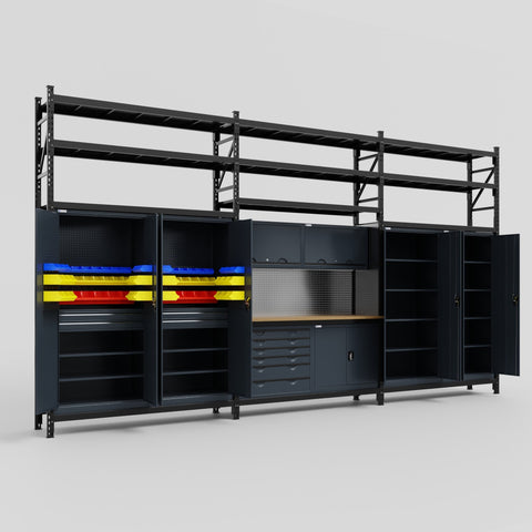 M222-3S Modular Work Bench with Overheads & Shelves - H3100mm x W5640mm | MDF WBT | Dark Grey