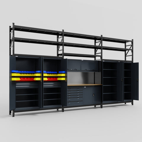 M222-3S Modular Work Bench with Shelves - H3100mm x W5640mm | MDF WBT | Dark Grey