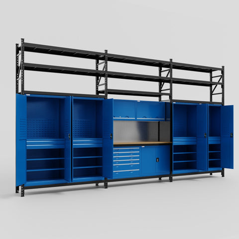 M222-3S Modular Work Bench with Shelves - H3100mm x W5640mm | MDF WBT | Blue