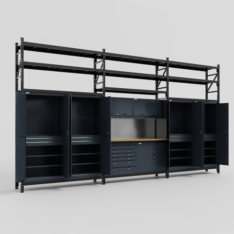 M222-3S Modular Work Bench with Overheads & Shelves - H3100mm x W5640mm | MDF WBT | Dark Grey
