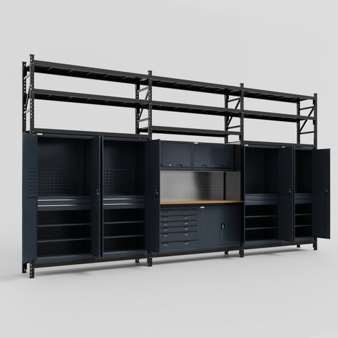 M222-3S Modular Work Bench with Shelves - H3100mm x W5640mm | MDF WBT | Dark Grey
