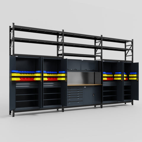 M222-3S Modular Work Bench with Shelves - H3100mm x W5640mm | MDF WBT | Dark Grey