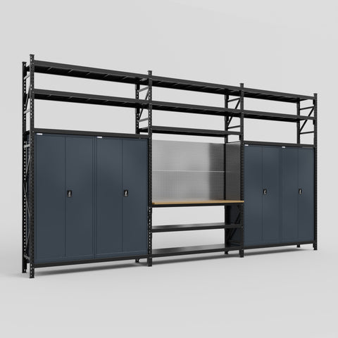 M222 Modular Work Bench with Shelves - H3100mm x W5640mm | MDF WBT | Dark Grey