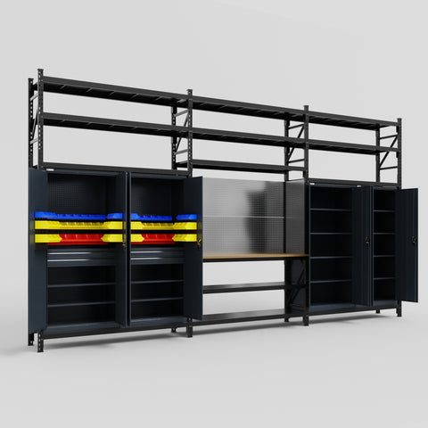 M222 Modular Work Bench with Shelves - H3100mm x W5640mm | MDF WBT | Dark Grey