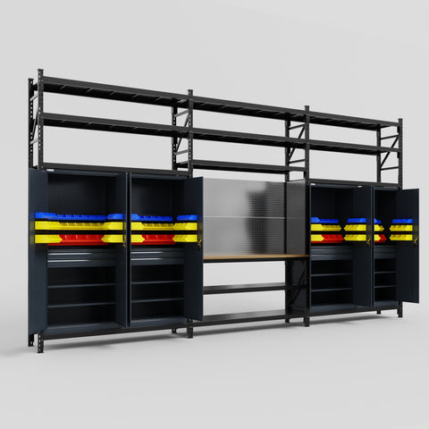 M222 Modular Work Bench with Shelves - H3100mm x W5640mm | MDF WBT | Dark Grey