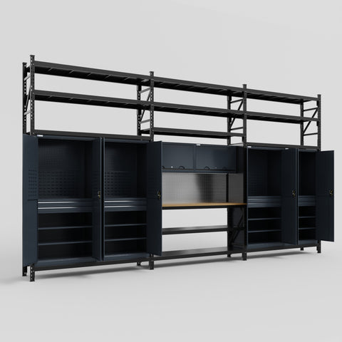 M222 Modular Work Bench with Shelves - H3100mm x W5640mm | MDF WBT | Dark Grey