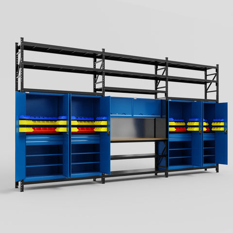 M222 Modular Work Bench with Shelves - H3100mm x W5640mm | MDF WBT | Blue