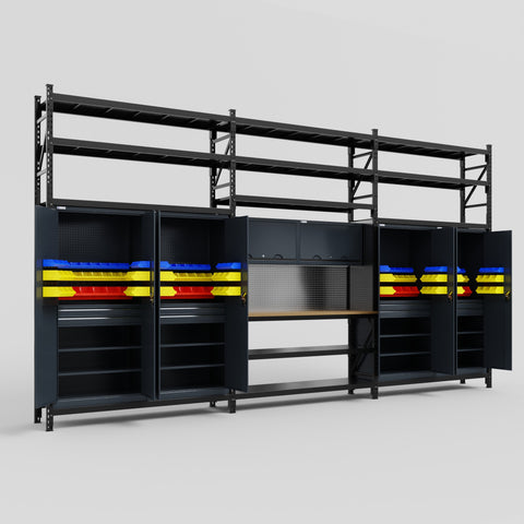 M222 Modular Work Bench with Shelves - H3100mm x W5640mm | MDF WBT | Dark Grey