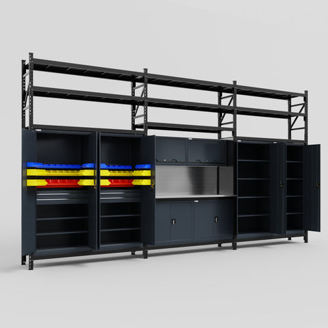 M222 Modular Work Bench with Shelves - H3100mm x W5640mm | Stainless WBT | Dark Grey
