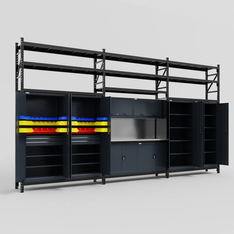 M222 Modular Work Bench with Shelves - H3100mm x W5640mm | Stainless WBT | Dark Grey