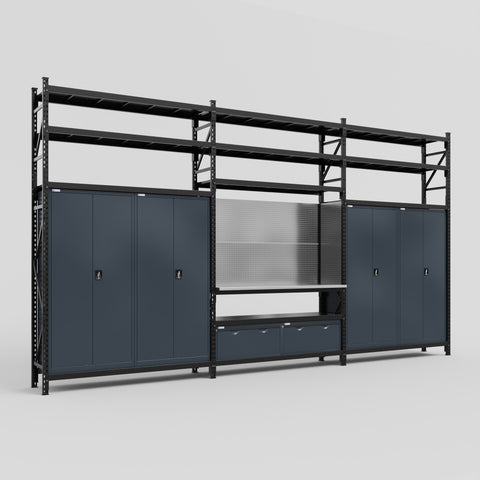 M222 Modular Work Bench with Shelves - H3100mm x W5640mm | Stainless WBT | Dark Grey