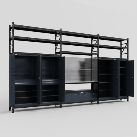 M222 Modular Work Bench with Shelves - H3100mm x W5640mm | Stainless WBT | Dark Grey