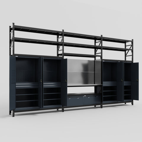 M222 Modular Work Bench with Shelves - H3100mm x W5640mm | Stainless WBT | Dark Grey