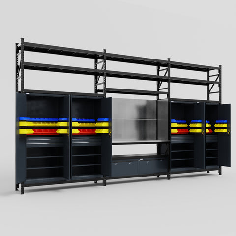 M222 Modular Work Bench with Shelves - H3100mm x W5640mm | Stainless WBT | Dark Grey