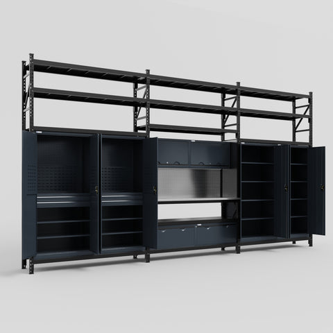 M222 Modular Work Bench with Shelves - H3100mm x W5640mm | Stainless WBT | Dark Grey