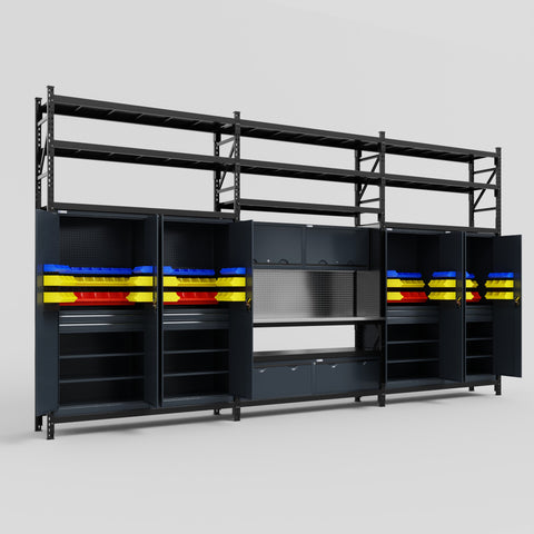 M222 Modular Work Bench with Shelves - H3100mm x W5640mm | Stainless WBT | Dark Grey