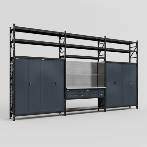 M222 Modular Work Bench with Shelves - H3100mm x W5640mm | Stainless WBT | Dark Grey