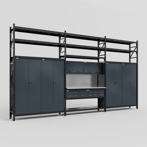 M222 Modular Work Bench with Shelves - H3100mm x W5640mm | Stainless WBT | Dark Grey