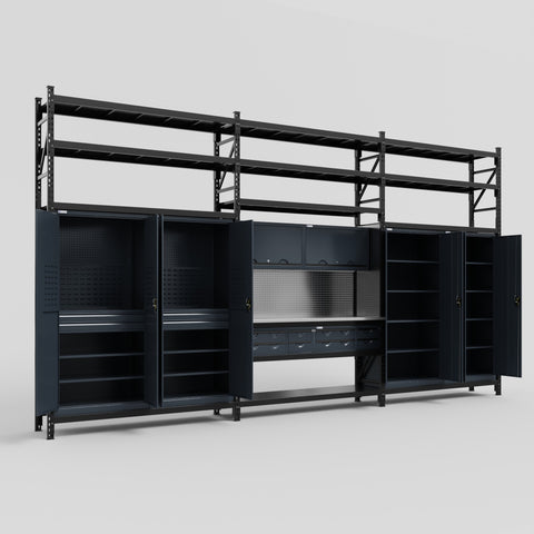 M222 Modular Work Bench with Shelves - H3100mm x W5640mm | Stainless WBT | Dark Grey