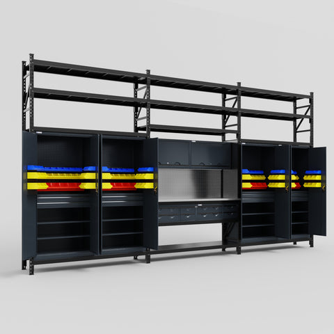 M222 Modular Work Bench with Shelves - H3100mm x W5640mm | Stainless WBT | Dark Grey