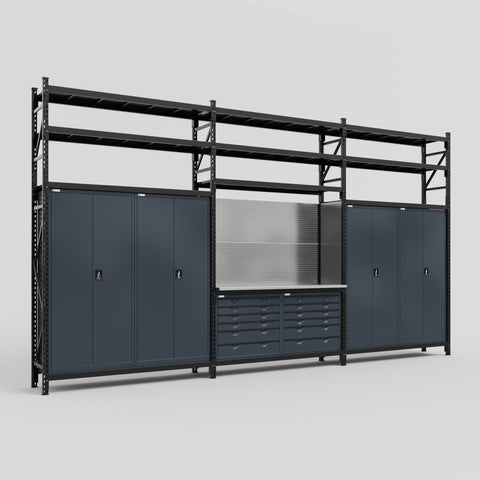 M222 Modular Work Bench with Shelves - H3100mm x W5640mm | Stainless WBT | Dark Grey