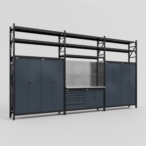 M222-3S Modular Work Bench with Shelves - H3100mm x W5640mm | Stainless WBT | Dark Grey