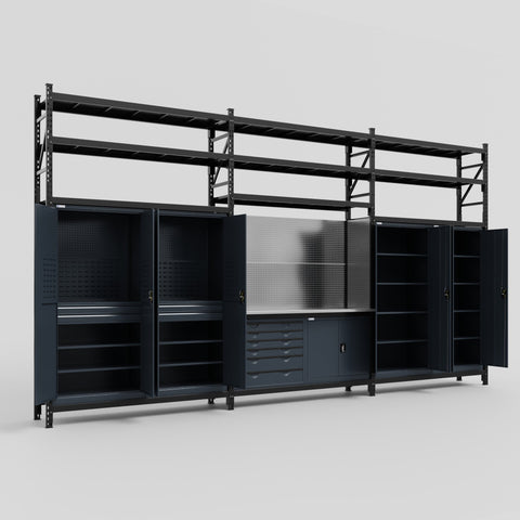 M222-3S Modular Work Bench with Shelves - H3100mm x W5640mm | Stainless WBT | Dark Grey