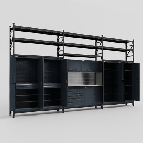 M222-3S Modular Work Bench with Shelves - H3100mm x W5640mm | Stainless WBT | Dark Grey