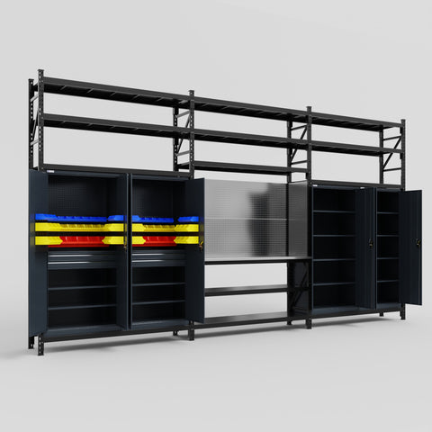 M222 Modular Work Bench with Shelves - H3100mm x W5640mm | Stainless WBT | Dark Grey