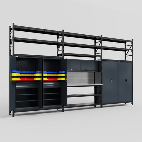 M222 Modular Work Bench with Shelves - H3100mm x W5640mm | Stainless WBT | Dark Grey
