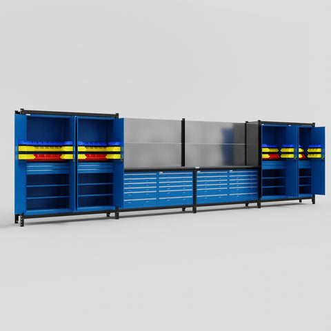 M2222-2 Modular Work Bench with Overheads - H2100mm x W7500mm | Laminate WBT | Blue