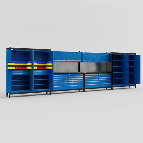 M2222-2 Modular Work Bench with Overheads - H2100mm x W7500mm | Laminate WBT | Blue