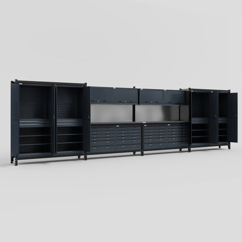 M2222-2 Modular Work Bench with Overheads - H2100mm x W7500mm | Laminate WBT | Dark Grey