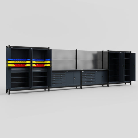 M2222-2 Modular Work Bench with Overheads - H2100mm x W7500mm | Laminate WBT | Dark Grey